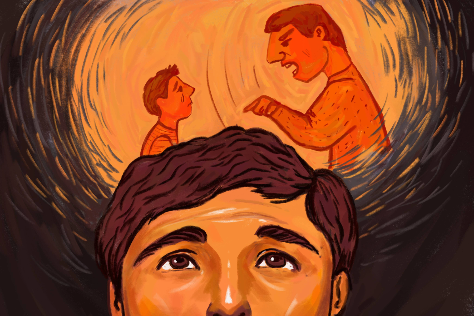 An illustration of a person imagining an adult admonishing them