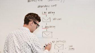 A man writing on the white board