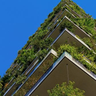 low angle of tall building with plants and blue sky