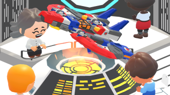 Four people huddled around a cartoon rocket ship.