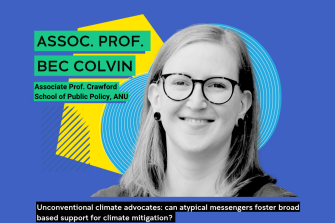 text reading Assoc. Prof. Bec Colvin,Associate Prof. Crawford School of Public Policy, ANU. with headshot in black and white of Bec Colvin with blue background. Text below headshot reading Unconventional Climate advocates: can atypical messengers foster broad based support for climate mitigation?