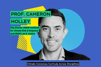 text reading Prof Cameron Holley, Dep director UNSW Institute for Climate Risk & Response and UNSW Law & Justice with headshot in black and white of Cameron Holley with blue background. Text below headshot reading Climate-Concious Curricula Accross Disciplines