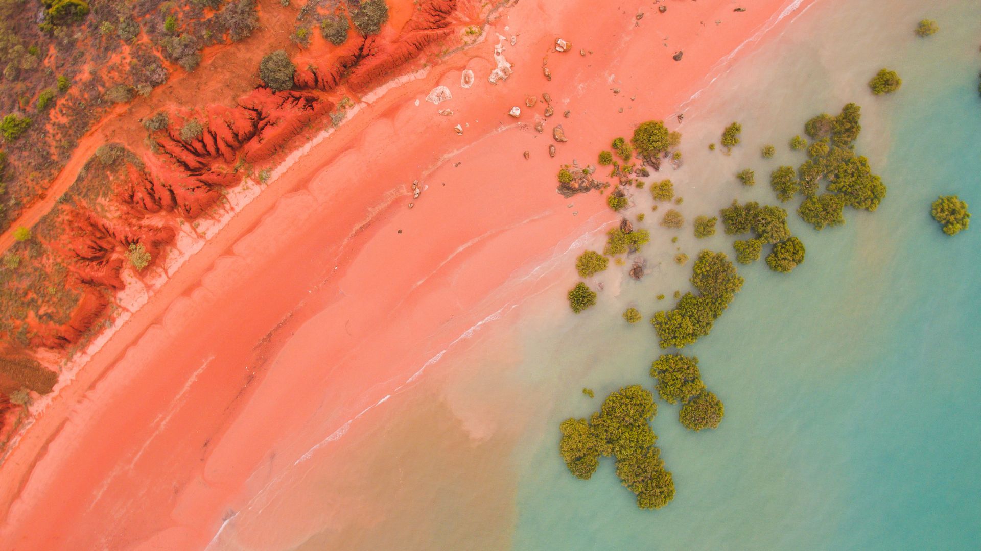 Roebuck bay in broome, western australia as seen from the air. SHowing the pink beach, red cliffs, turquoise water and green mangroves. 
