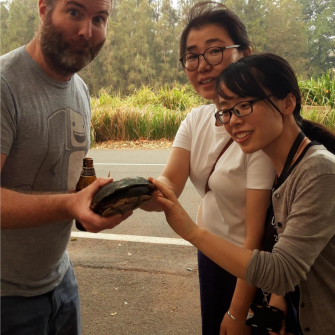 James saved a turtle on the road, Centennial Park (Dec 2019, left to right: James, Shuree, Xueqian)