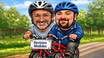 Two UNSW academics in an AI generated image using a two-person bicycle (it is distinctly not a tandem bicycle.