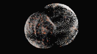 Abs Quantum particles- 3d rendered image futuristic design. Abstract background. Atomic structure, large collider, CERN concept.