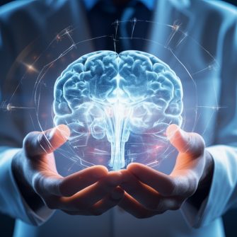 the doctor holds a projection of the human brain in his hands