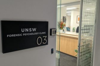Signage and entrance of the UNSW Forensic Psychology Clinic (Room 03).