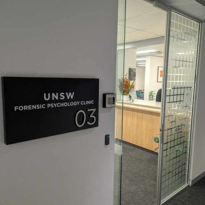 Signage and entrance of the UNSW Forensic Psychology Clinic (Room 03).