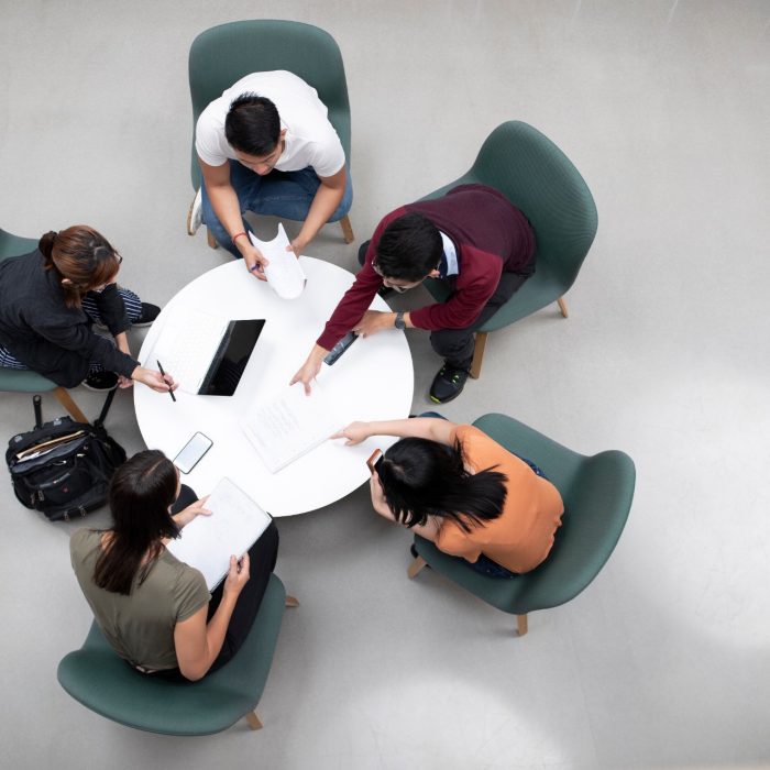 Aerial view of students studying