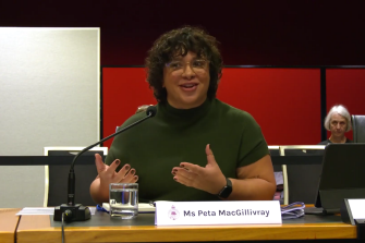 Peta MacGillivray is speaking into a microphone while sitting in parliament