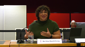 Peta MacGillivray is speaking into a microphone while sitting in parliament