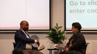 Reuben Miller is in enthusiastic conversation with Peta MacGillivray