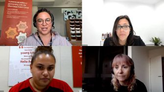 Four women are on a Zoom call