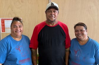 Dharriwaa Elders Group’s Loretta Weatherall, Stephen “Bungee” Dennis and Wendy Rose at Galuma-li, the new home of the DEG’s community and youth wellbeing services.