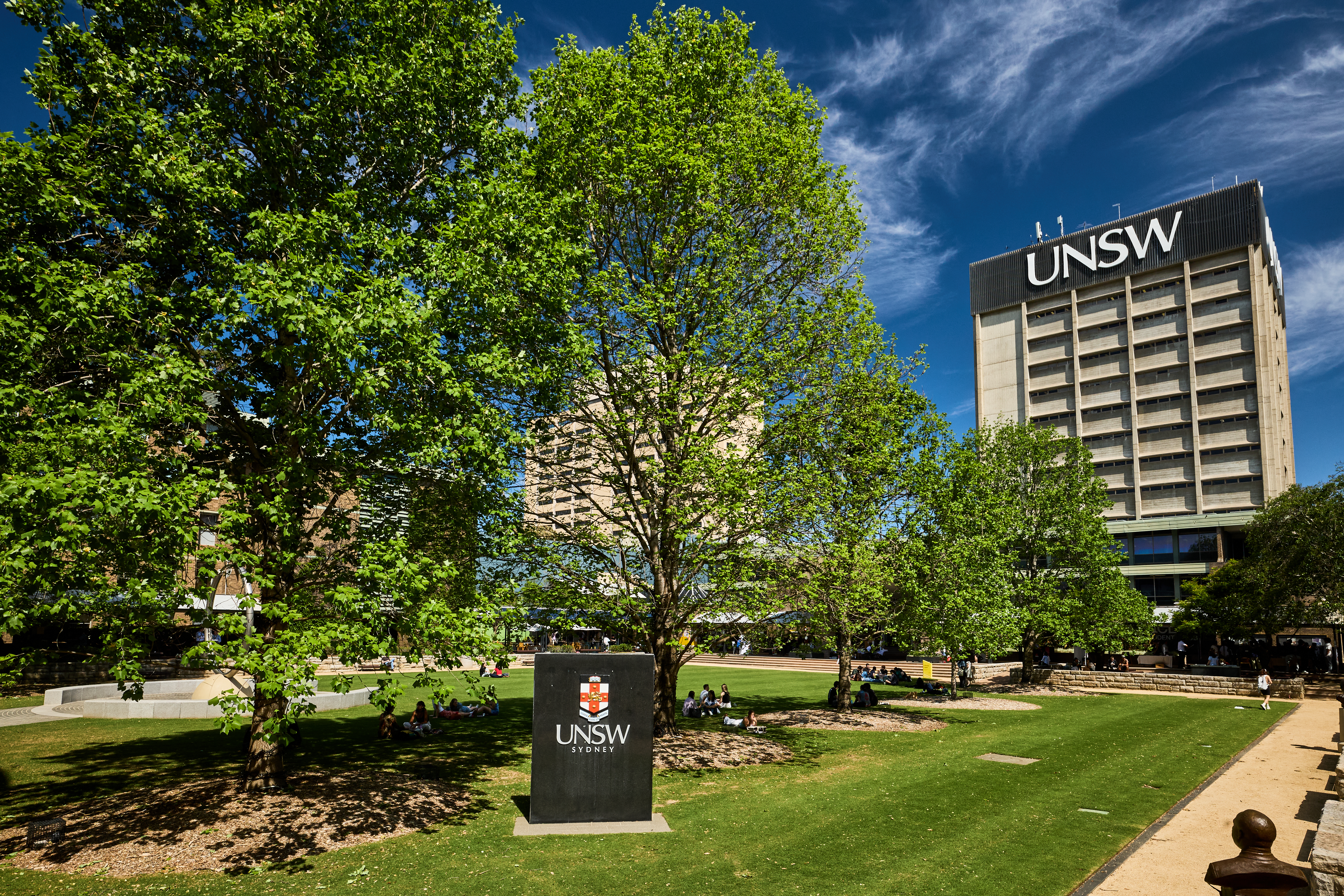 Students relaxing on Library lawn at Kensington UNSW.