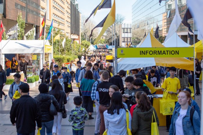 Photograph of potential students socialising and browsing the UNSW campus