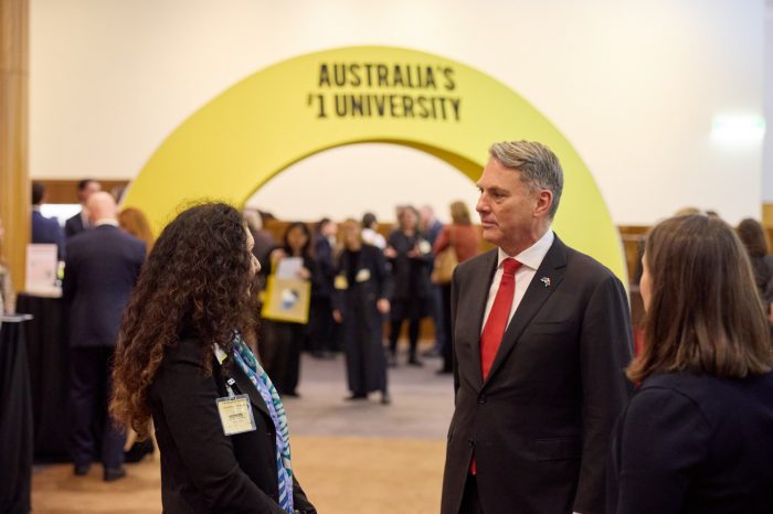 UNSW Deputy Vice-Chancellor Indigenous Leanne Holt speaking to Deputy Prime Minister Richard Marles.