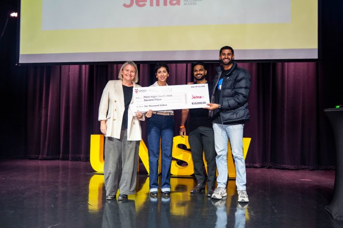 Flying Fox Ventures Co-founder and Investor Kylie Frazer (left) with JEINA Co-founder Dr Parisa Glass and Wren Founder Syam Iyer (right).