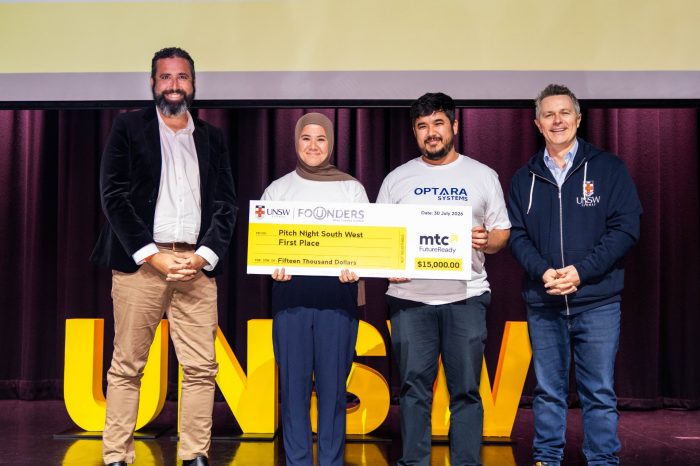 MTC FutureReady General Manager of Strategic Growth and Employment Services James Walters (left) with Optara Systems Founder Zainab Mohammadi (middle), Mahdi Mohammadi and Federal Education Minister Jason Clare (right).