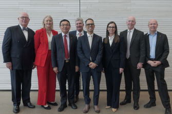 From left: Macquarie University Vice-Chancellor Professor Bruce Dowton, Sydney University Pro-Vice-Chancellor (Research Enterprise) Professor Julie Cairney, University of Wollongong Vice-Chancellor Professor Max Lu, Minister for Skills, TAFE and Tertiary Education Steve Whan, NSW Treasurer Daniel Mookhey, NSW Minister for Finance Courtney Houssos, UNSW Sydney Chancellor Warwick Negus and Western Sydney University Vice-Chancellor Professor George Williams.