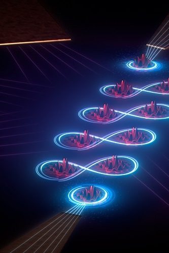 "An artist's impression of inside the quantum integrated circuit modeling the carbon chain. The simulated carbon atoms are in red, while the blue depicts electrons exchanged between them. Image: SQC "