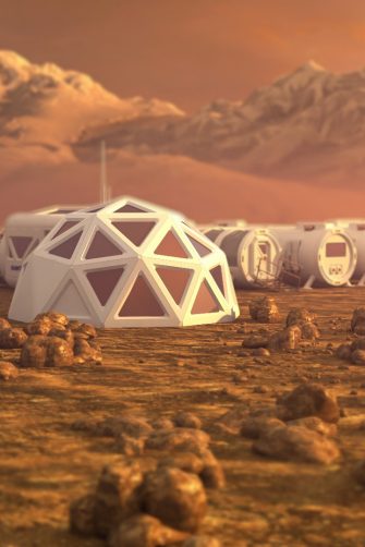 Mars planet satellite station orbit base martian colony space landscape. 