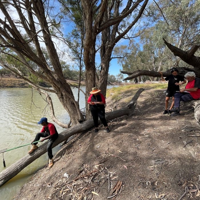 Four people are standing next to a river near Walgett