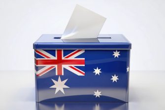 Ballot box with Australian flag design for voting in elections or referendum, Australia, flag, ballot box. AI