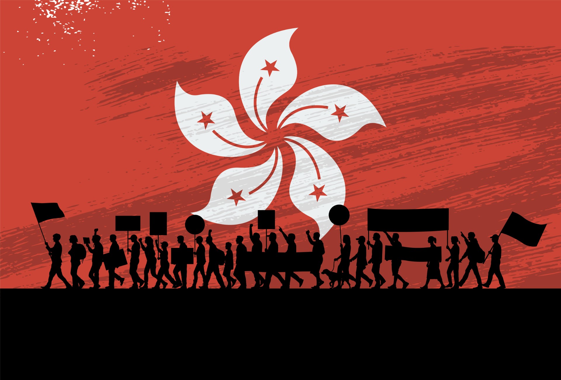 Silhouette of people protesting with a flag of Hong Kong as a background