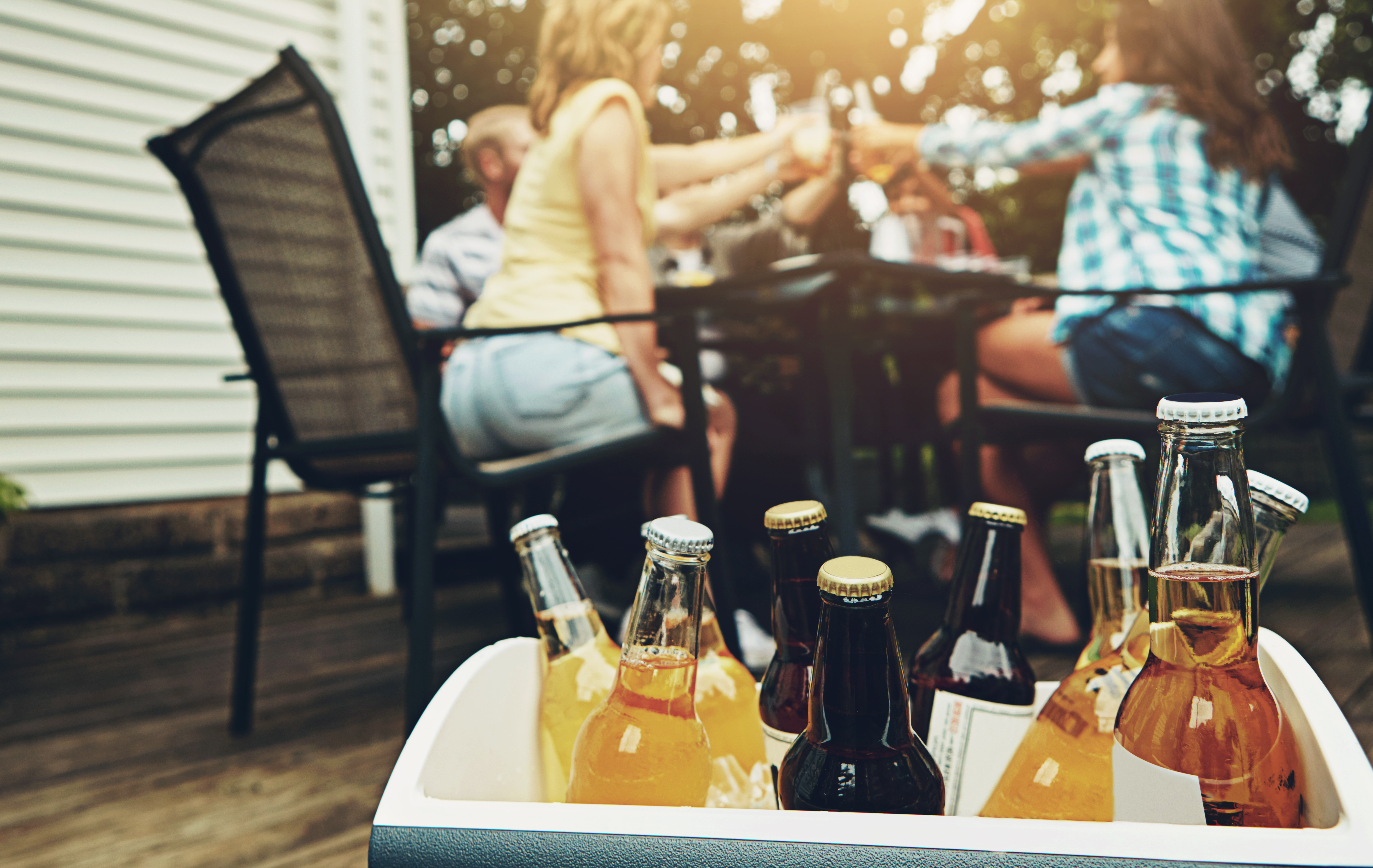 Group, people and drinks at barbecue in backyard, summer and vacation for holiday, celebration or event. Friends, cheerful and bbq with cooler box for dinner, party or reunion with alcohol in America.