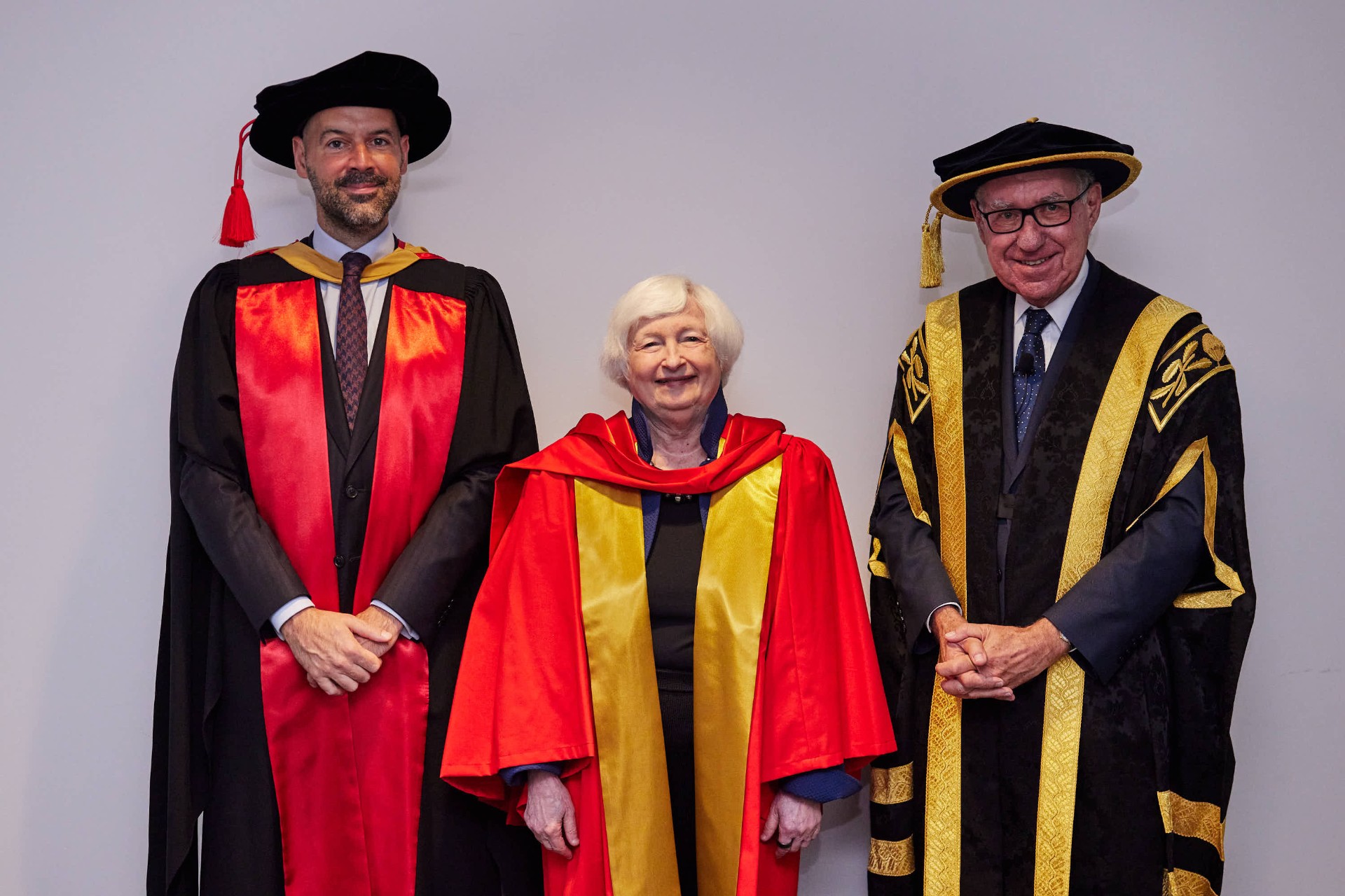 Dean of UNSW Business School Professor Frederik Anseel with Secretary Janet Yellen and UNSW Chancellor Mr David Gonski AC at graduation ceremony