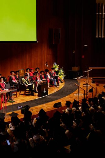 Dean of UNSW Business School Professor Frederik Anseel with Secretary Janet Yellen and UNSW Chancellor Mr David Gonski AC at graduation ceremony
