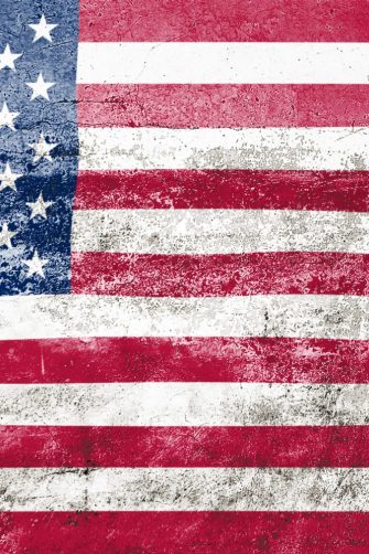 US State Flag. Dirty American state flag on the wall. Grunge wall texture 