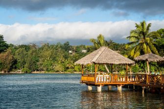 Tropical hut in the Port Vila lagoon in Vanuatu in the south Pacific