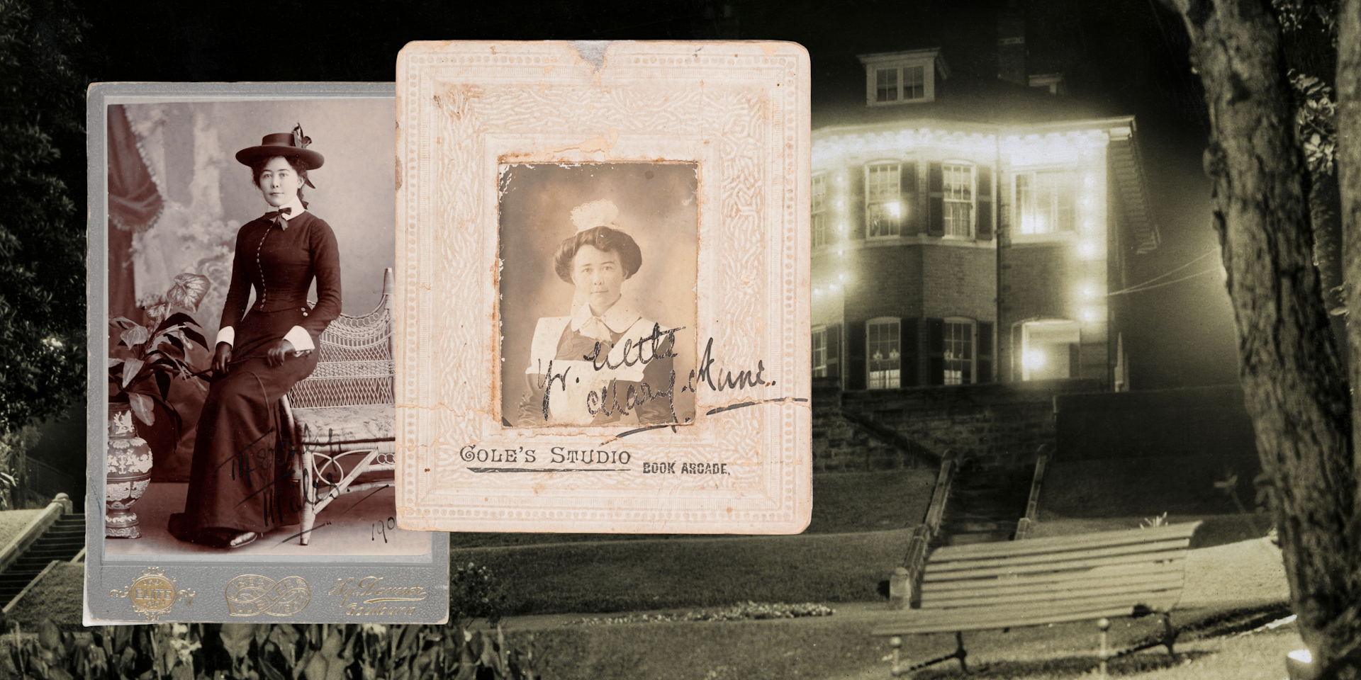 Miles Franklin in a riding habit, on left, and as servant as a servant ‘Mary Anne’, who worked at Keston, on right, a Sydney mansion. 