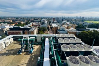 A heat pump facility at UNSW Kensington Campus. UNSW Library sign in the background.