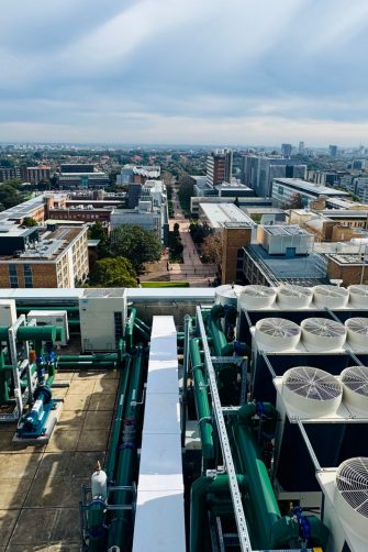 A heat pump facility at UNSW Kensington Campus. UNSW Library sign in the background.