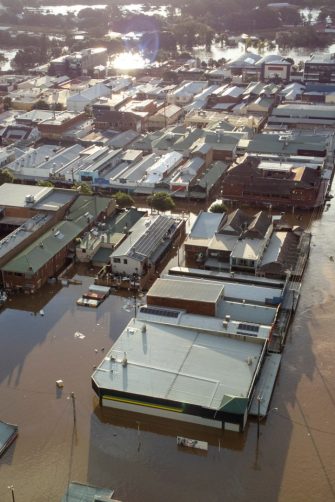 Flooded city of Lismore NSW Australia at sunset 2022