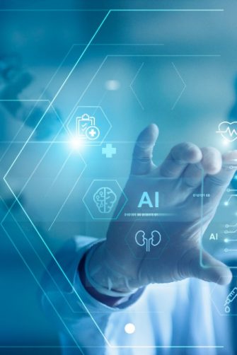 Medical technology, doctor use AI robots for diagnosis, care, and increasing accuracy patient treatment in future. Medical research and development innovation technology to improve patient health.