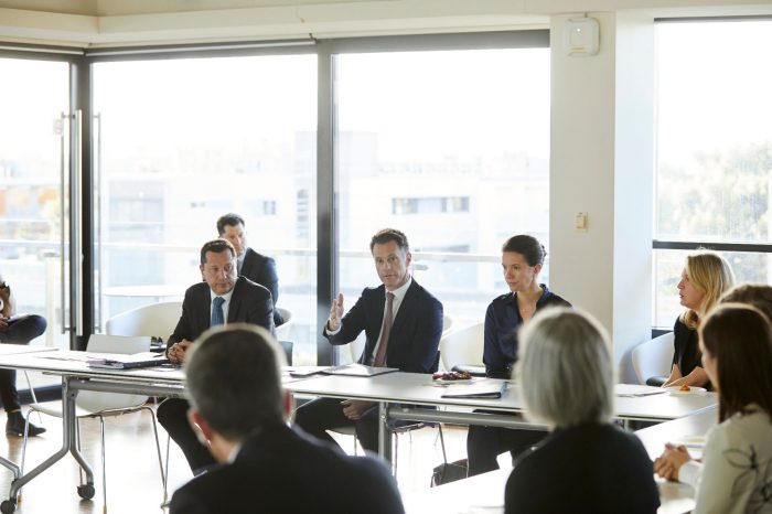 Minister for Planning and Public Spaces Paul Scully, NSW Premier Chris Minns and Minister for Housing Rose Jackson at the housing affordability roundtable at UNSW.
