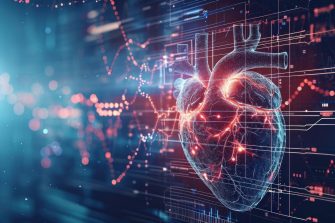 Heartbeat line transforming into a digital AI code, AI role in real-time patient monitoring and heart health management. Advanced AI technology for cardiac care.