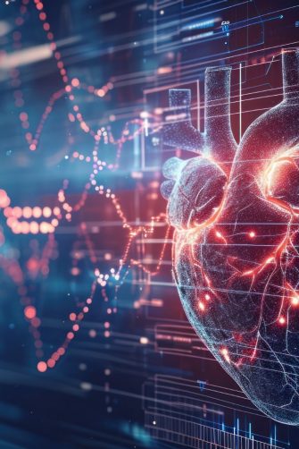 Heartbeat line transforming into a digital AI code, AI role in real-time patient monitoring and heart health management. Advanced AI technology for cardiac care.