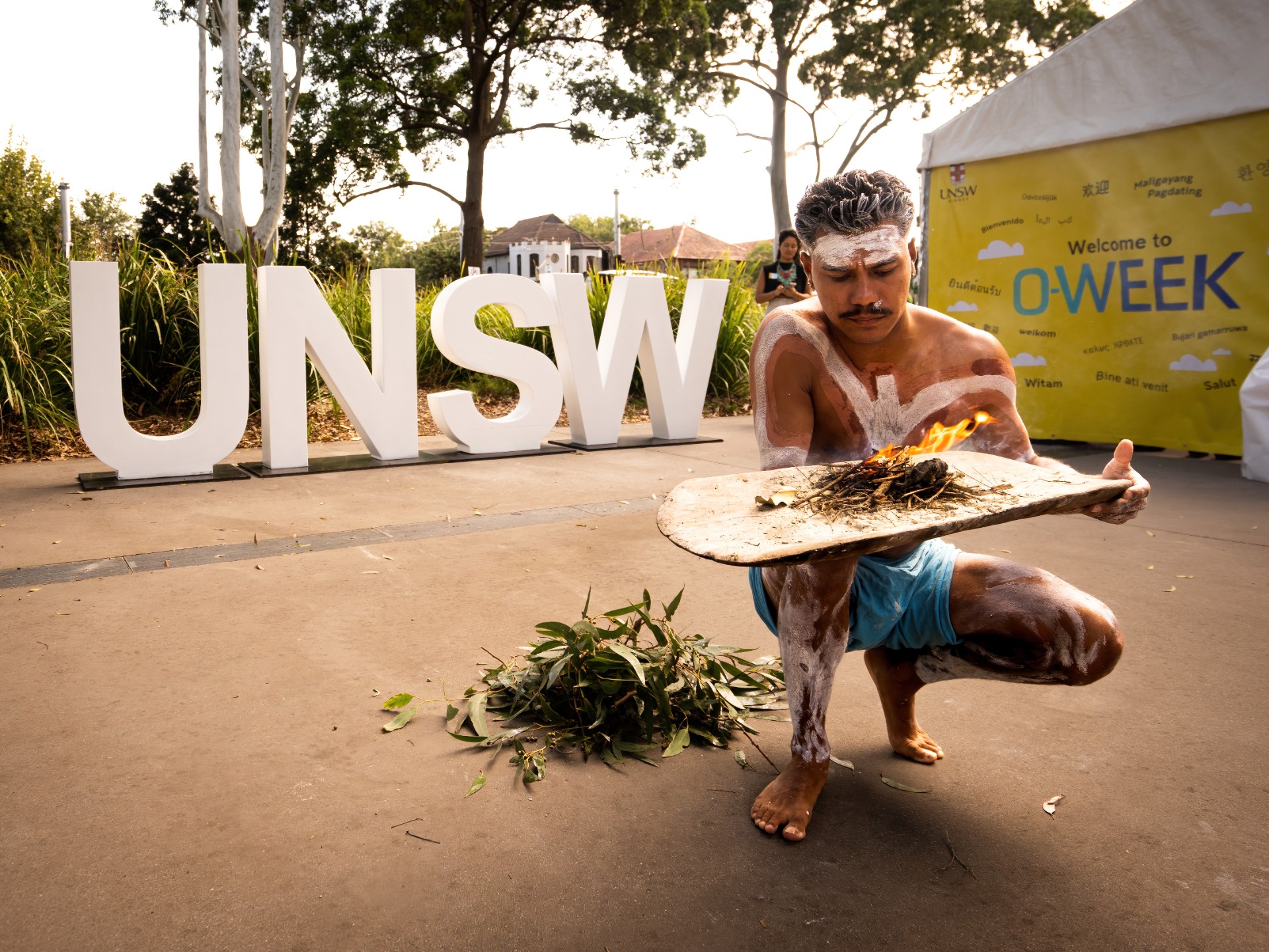 An indigenous person at the smoking ceremony at UNSW 