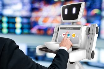 Robotics Trends technology business concept. Man suit point finger to Autonomous personal assistant robot for order food and beverage in office abstract background. 3D rendering.