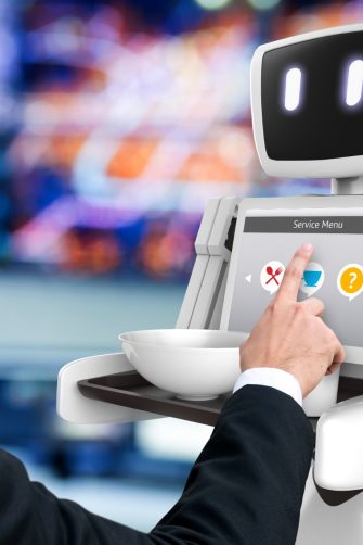 Robotics Trends technology business concept. Man suit point finger to Autonomous personal assistant robot for order food and beverage in office abstract background. 3D rendering.