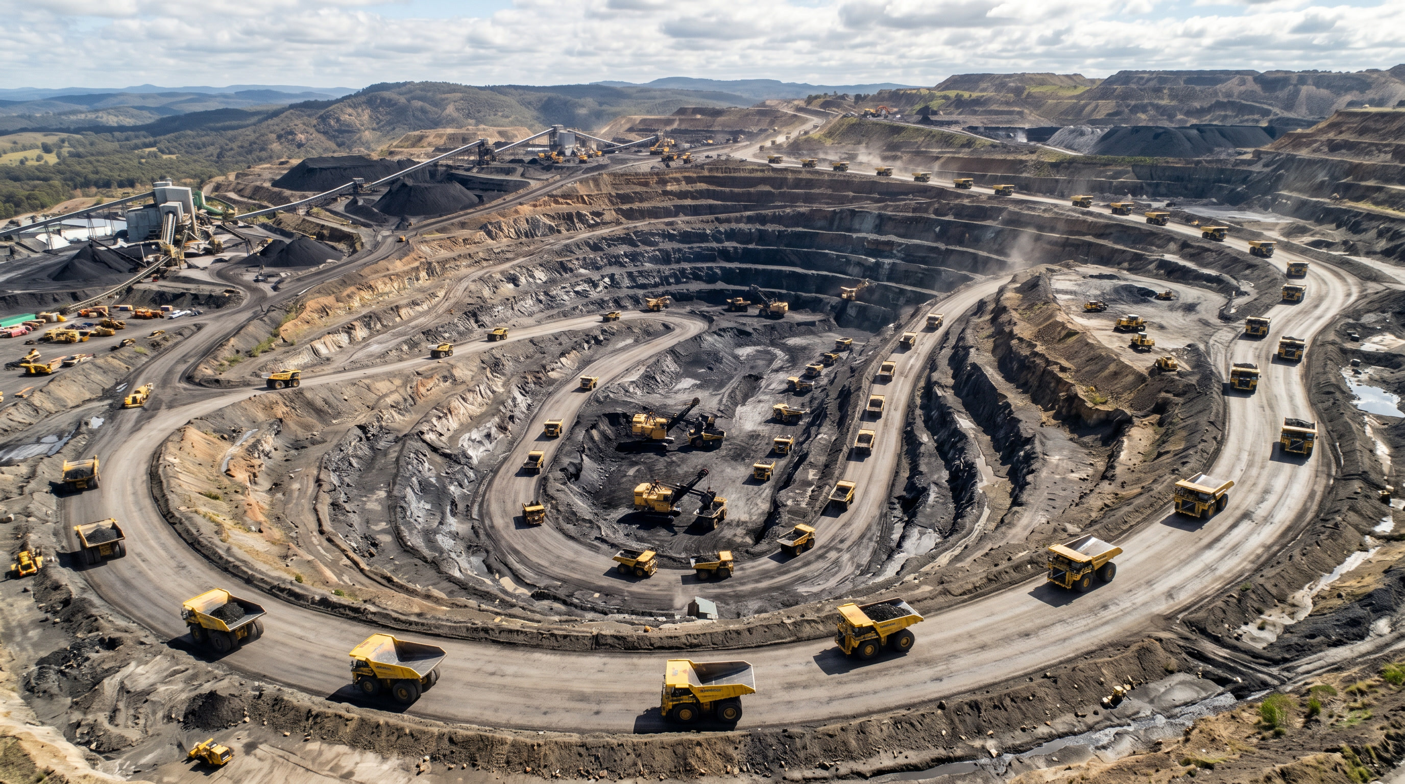 Trucks line up to take loads of coal in an open cut mine