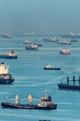 Lots of freight ships in some body of water somewhere