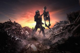Robotic War ( men vs machines ) - Illustration of an apocalyptic scene of a soldier holding a robot in war.