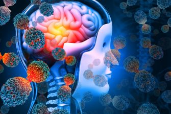 Brain cancer. Cancer cells attacking the human brain. 3d illustration